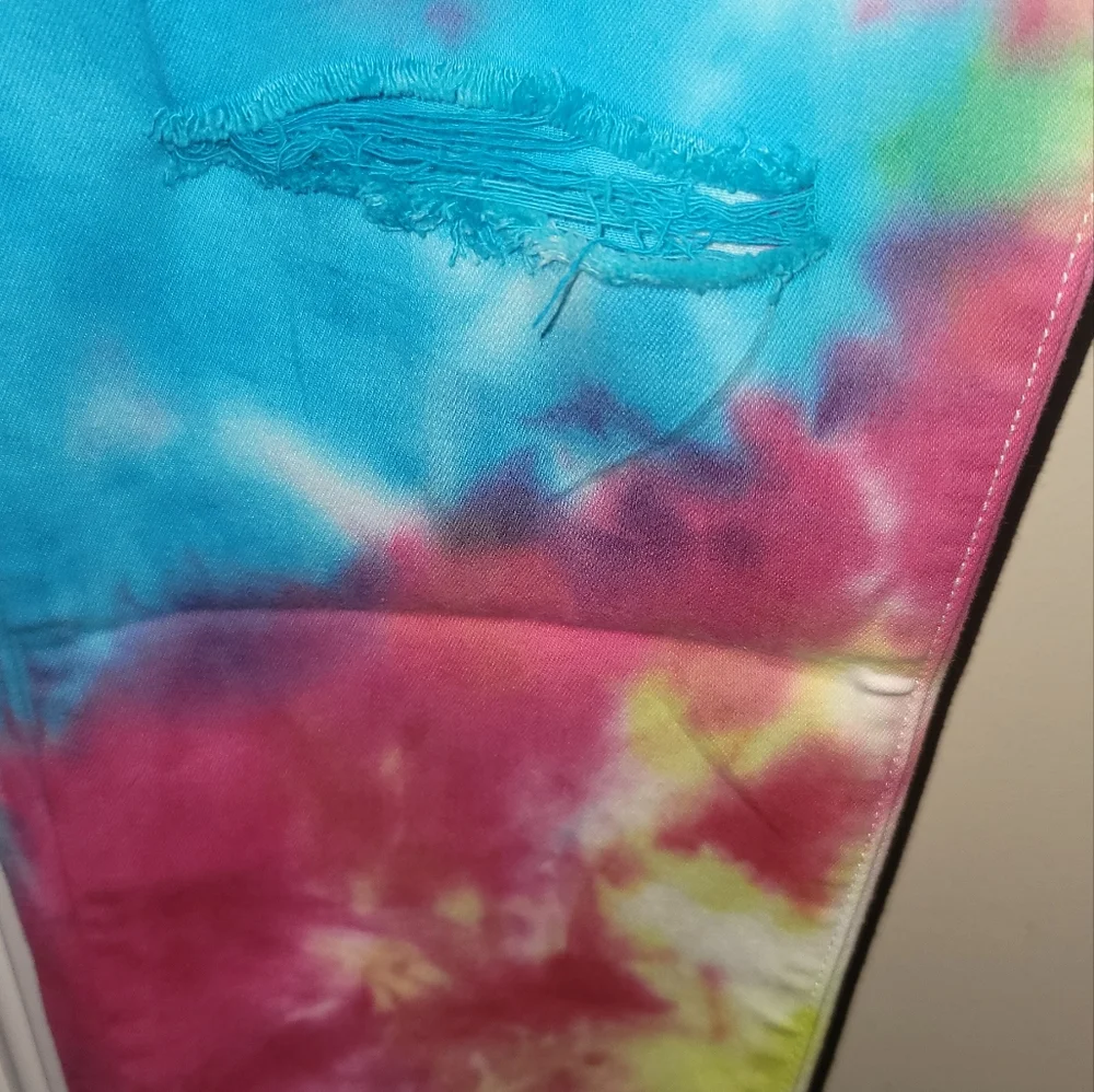 NWT Fashion Nova Pink Yellow Blue Tie Dye Denim High Rise Pants Jeans - Picture 8 of 16